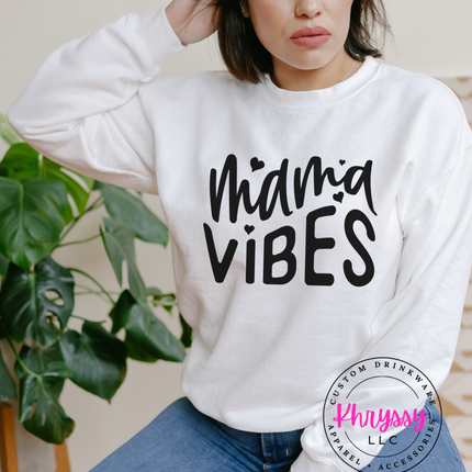 Mama Vibes Heart Script Gildan Crewneck Sweatshirt — Cozy Mom Style Multiple Colors