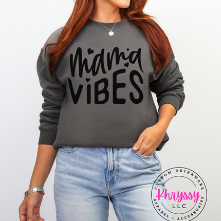 Mama Vibes Heart Script Gildan Crewneck Sweatshirt — Cozy Mom Style Multiple Colors