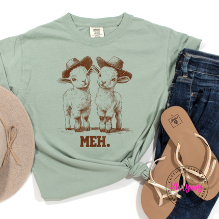 Meh Baby Goats in Cowboy Hats Funny Women's Tee | Cute Sarcastic Gift