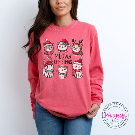 Watermelon long sleeve tee showing cute kittens in hats, scarves, and antlers.