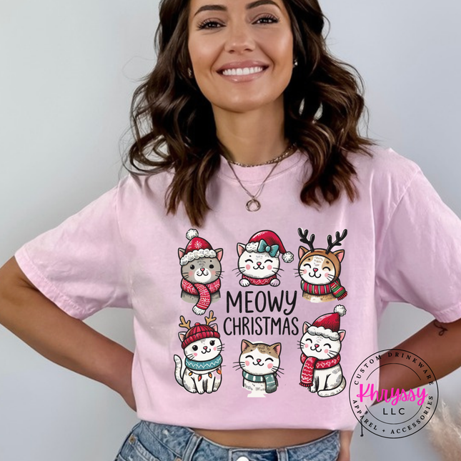 Blossom tee featuring six festive kittens around Meowy Christmas.