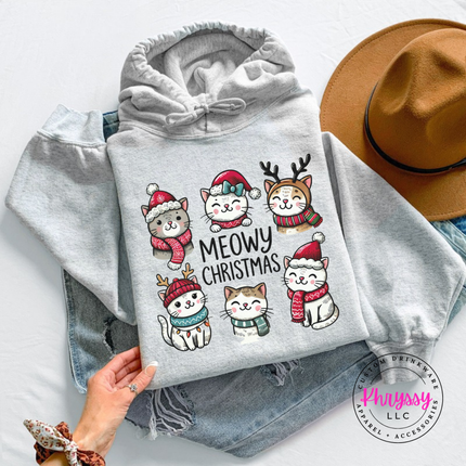 Ash hoodie featuring six festive kittens around Meowy Christmas.