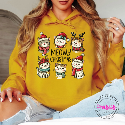 Close up of the Meowy Christmas cat art on a Gold hoodie.