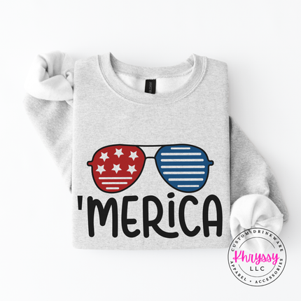 Ash crewneck sweatshirt with a retro patriotic sunglasses and Merica graphic.
