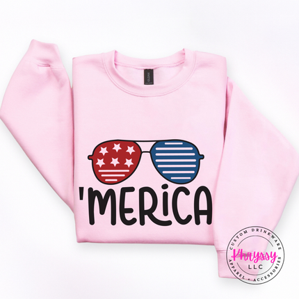 Light Pink crewneck sweatshirt showing a star-and-stripe sunglasses graphic.