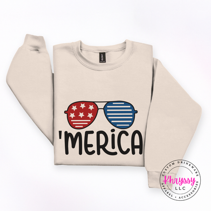 Sand crewneck sweatshirt displaying retro patriotic shades with Merica text.