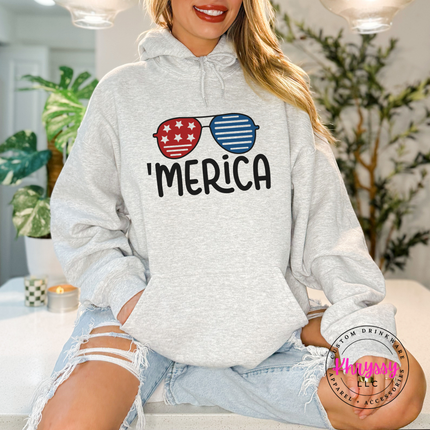 Ash pullover hoodie with a retro patriotic sunglasses and Merica graphic.