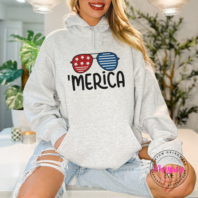 Ash pullover hoodie with a retro patriotic sunglasses and Merica graphic.
