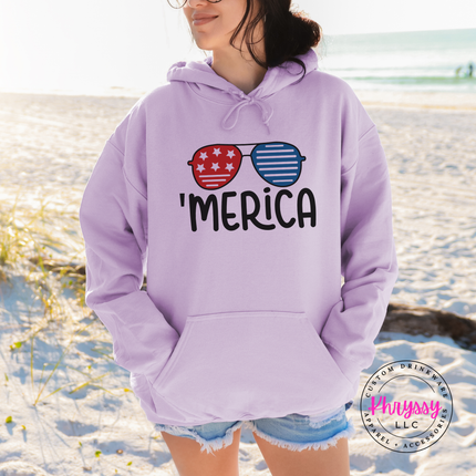Orchid pullover hoodie with a playful Merica patriotic sunglasses print.