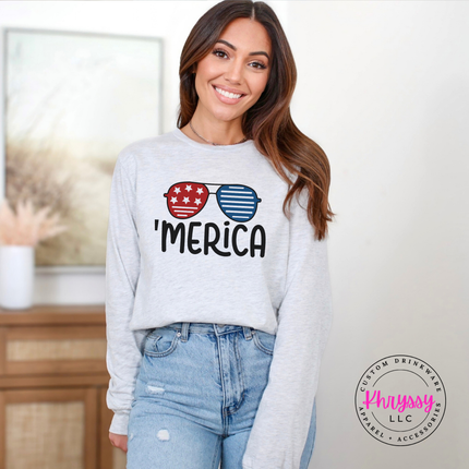 Ash long sleeve tee with a retro patriotic sunglasses and Merica graphic.