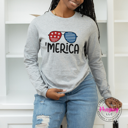 Athletic Heather long sleeve tee featuring red and blue shades with black lettering.