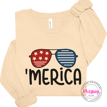 Soft Cream long sleeve tee with a playful Merica patriotic sunglasses print.