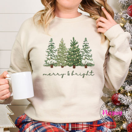 Sand crewneck sweatshirt with an embroidery style Christmas trees graphic, front view.
