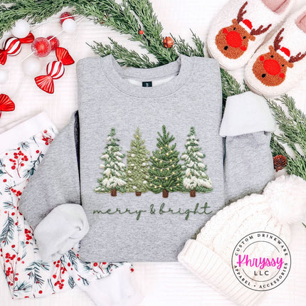 Sport Gray crewneck sweatshirt featuring classic Christmas trees and merry and bright script.