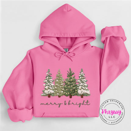 Azalea pullover hoodie featuring a classic embroidery style Christmas trees design.