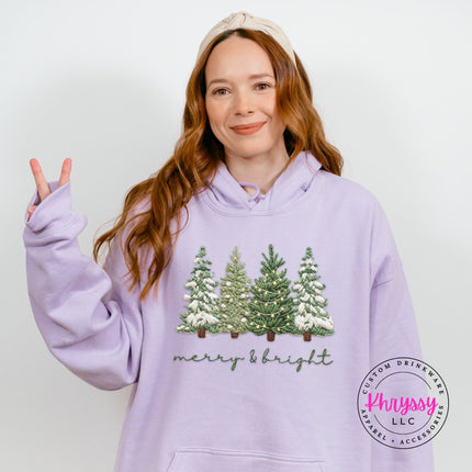 Orchid heavyweight hoodie with an embroidery style Christmas trees graphic, front view.