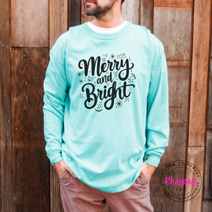 Close up of the Merry and Bright art on a Chalky Mint long sleeve tee.