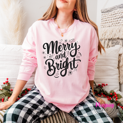 Blossom long sleeve tee featuring flowing Merry and Bright script lettering.