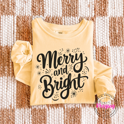 Model wearing the Merry and Bright long sleeve tee in Butter.