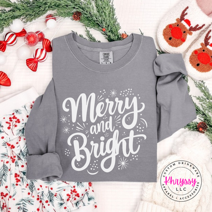 Flat lay of the Merry and Bright Christmas long sleeve tee in Gray.