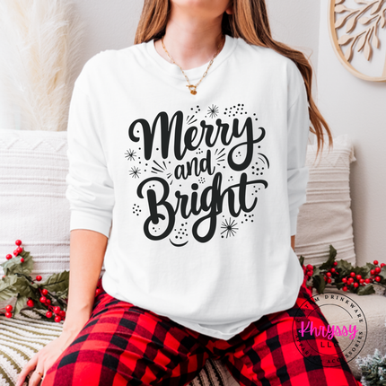 Flat lay of the Merry and Bright Christmas long sleeve tee in White.
