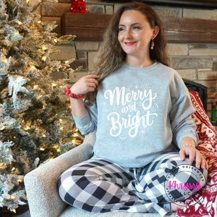 Sport Gray crewneck sweatshirt showing Merry and Bright script with tiny sparkles.