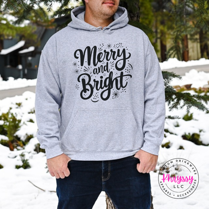 Sport Gray hoodie showing Merry and Bright script with tiny sparkles.