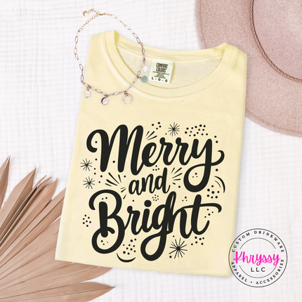 Merry And Bright script Christmas tee in Butter with festive holiday lettering