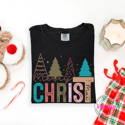 Black tee featuring Merry Christ mas lettering and colorful trees.