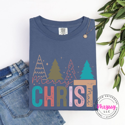 Close up of the Merry Christ mas art on a Denim long sleeve tee.