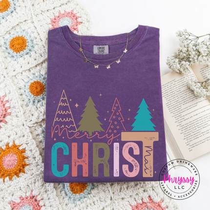 Flat lay of the Merry Christ mas Christmas long sleeve tee in Grape.