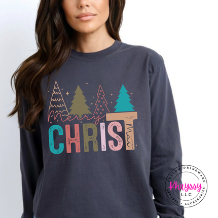 Graphite long sleeve tee featuring Merry Christ mas lettering and colorful trees.
