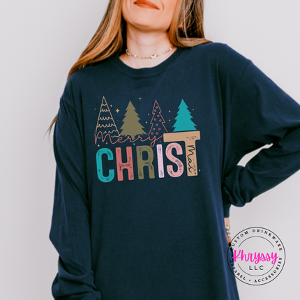Flat lay of the Merry Christ mas Christmas long sleeve tee in True Navy.