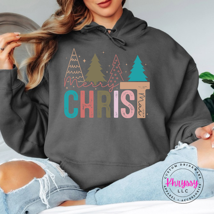 Model wearing the Merry Christ mas hoodie in Charcoal.