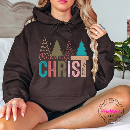 Close up of the Merry Christ mas art on a Dark Chocolate hoodie.