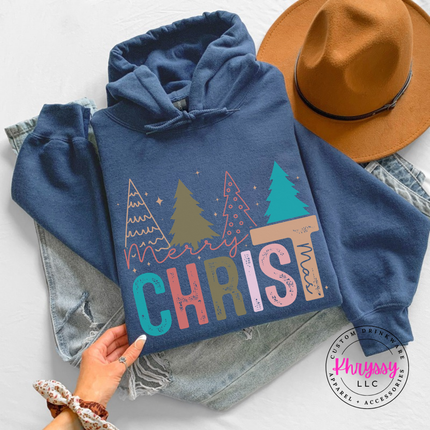 Indigo Blue hoodie featuring Merry Christ mas lettering and colorful trees.