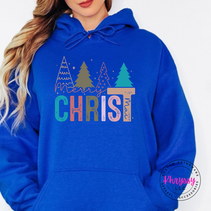 Royal hoodie showing bold CHRIST letters under four Christmas trees.