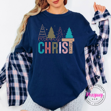 Flat lay of the Merry Christ mas Christmas tee in True Navy.