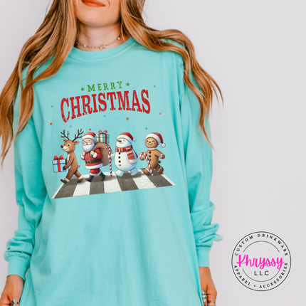 Close up of the Christmas crosswalk art on a Chalky Mint long sleeve tee.