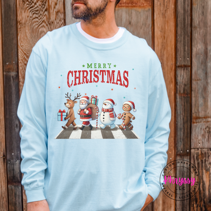 Chambray long sleeve tee showing a reindeer, Santa, a snowman, and gingerbread.