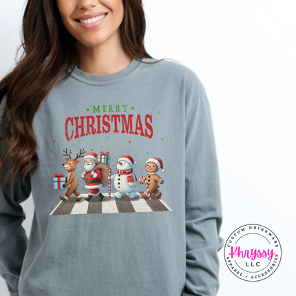 Flat lay of the Christmas crosswalk Christmas long sleeve tee in Gray.