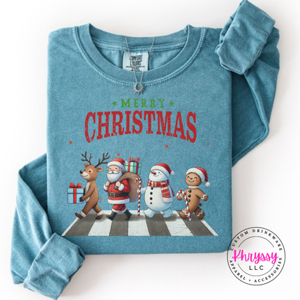 Ice Blue long sleeve tee featuring Santa and friends on a crosswalk.