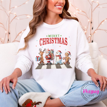 Flat lay of the Christmas crosswalk Christmas long sleeve tee in White.