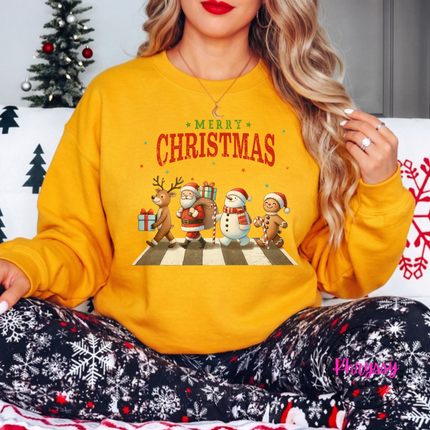 Close up of the Christmas crosswalk art on a Gold crewneck sweatshirt.