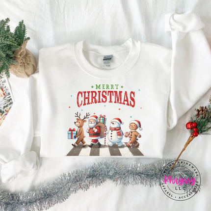 Close up of the Christmas crosswalk art on a White crewneck sweatshirt.