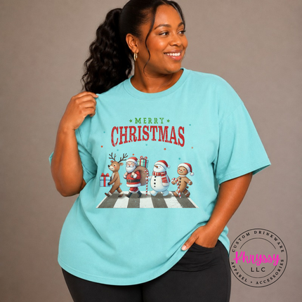 Close up of the Christmas crosswalk art on a Chalky Mint tee.