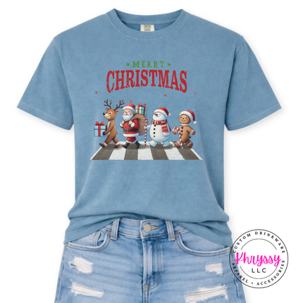 Ice Blue tee featuring Santa and friends on a crosswalk.