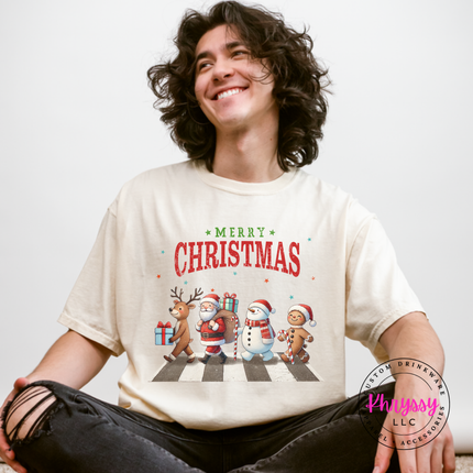 Model wearing the Christmas crosswalk tee in Ivory.