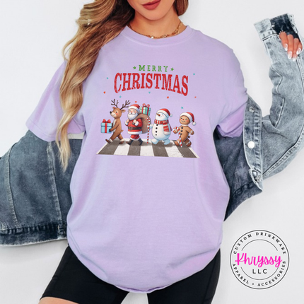 Close up of the Christmas crosswalk art on an Orchid tee.