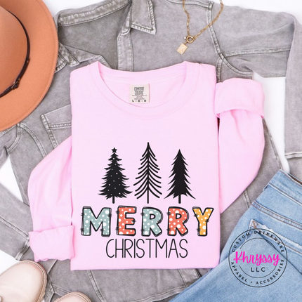 Blossom long sleeve tee featuring sketched pine trees and Merry Christmas lettering.